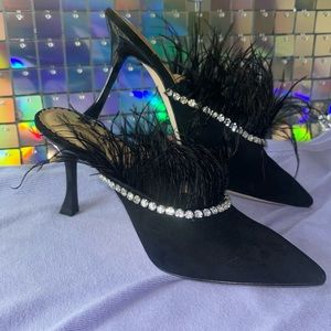 Antonio Melani x Nicola Bathie Liz Ostrich Feathers Rhinestone Suede Dress Mules